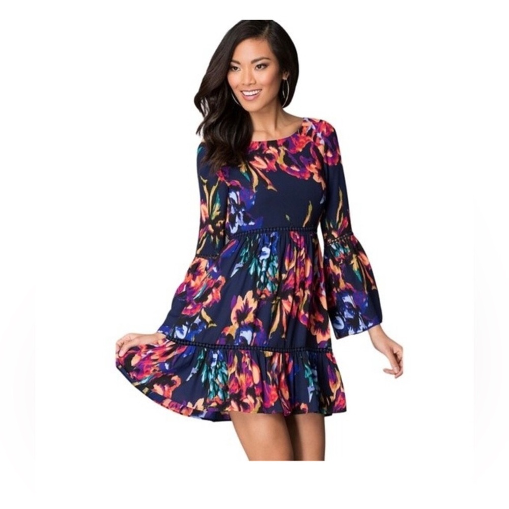 Sz Small As U Wish Navy Dress Colorful Floral - long bell sleeve ruffle